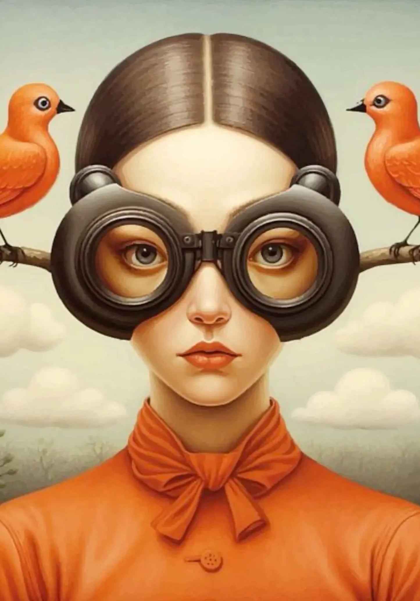 Floral Girl Poster | Birdwatcher's Solitude | Woman in Bird-Themed Goggles | Earthy Tones | Quiet Contemplation | Avian Life Connection | Home Art Decor