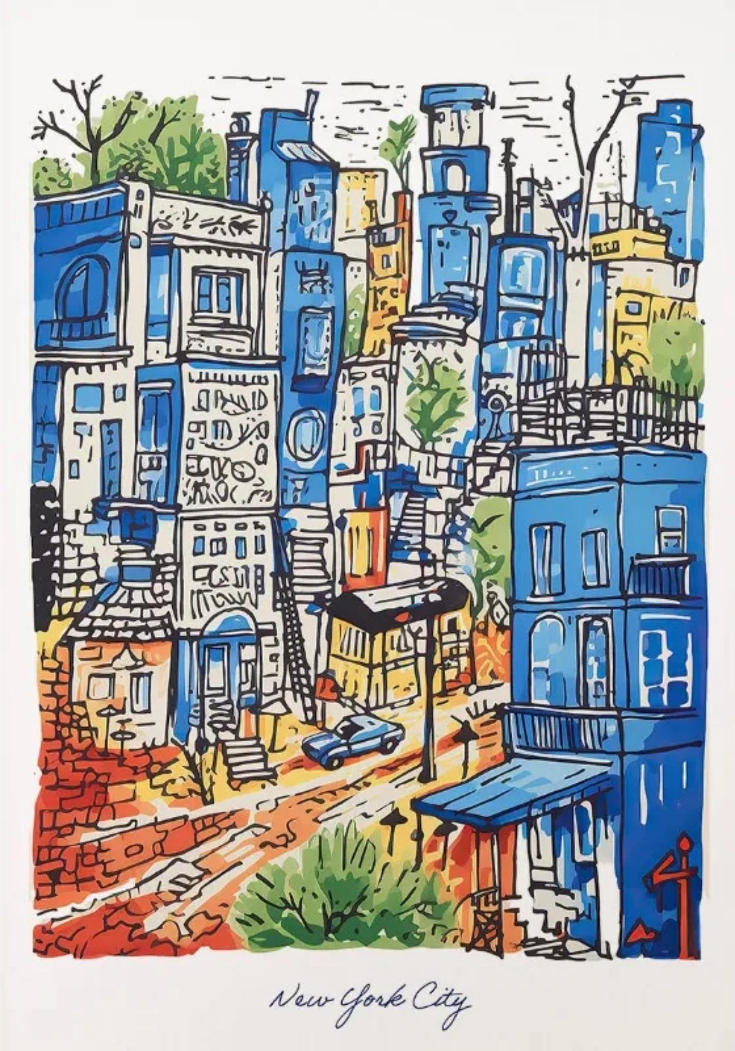 New York City Poster | Urban Skyline and Streets Artwork | Blue and Orange Watercolor Design | Modern Apartment Decor
