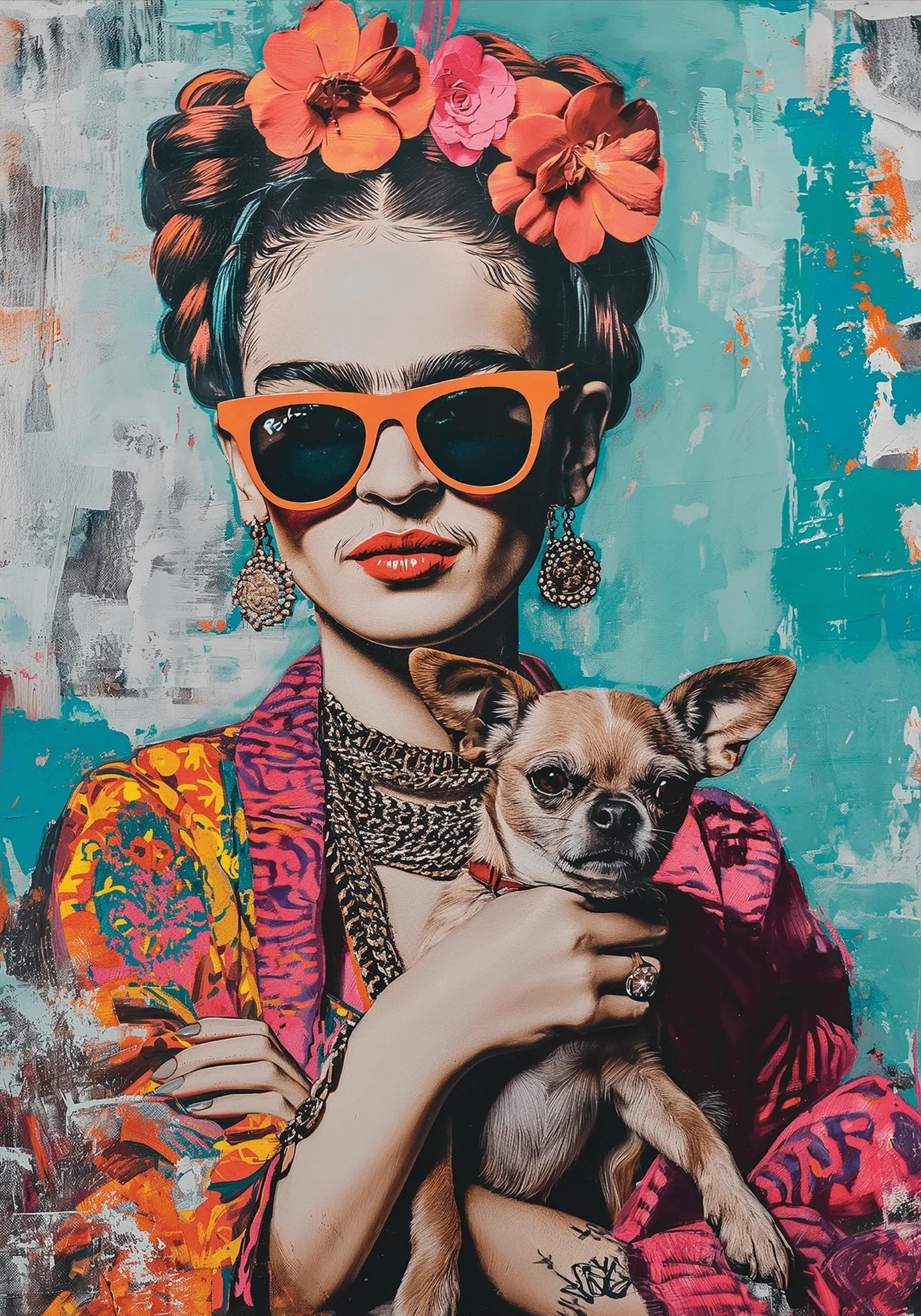 Frida-Kahlo-Stil | Chihuahua-Porträt | Farbenfrohe Kunst