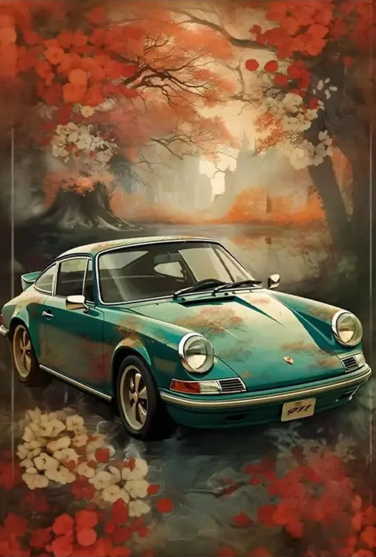 Porsche 911 Poster | Verträumte Kirschblütenszene | Frühlingsblütenfahrt | Ruhige Kurzurlaube