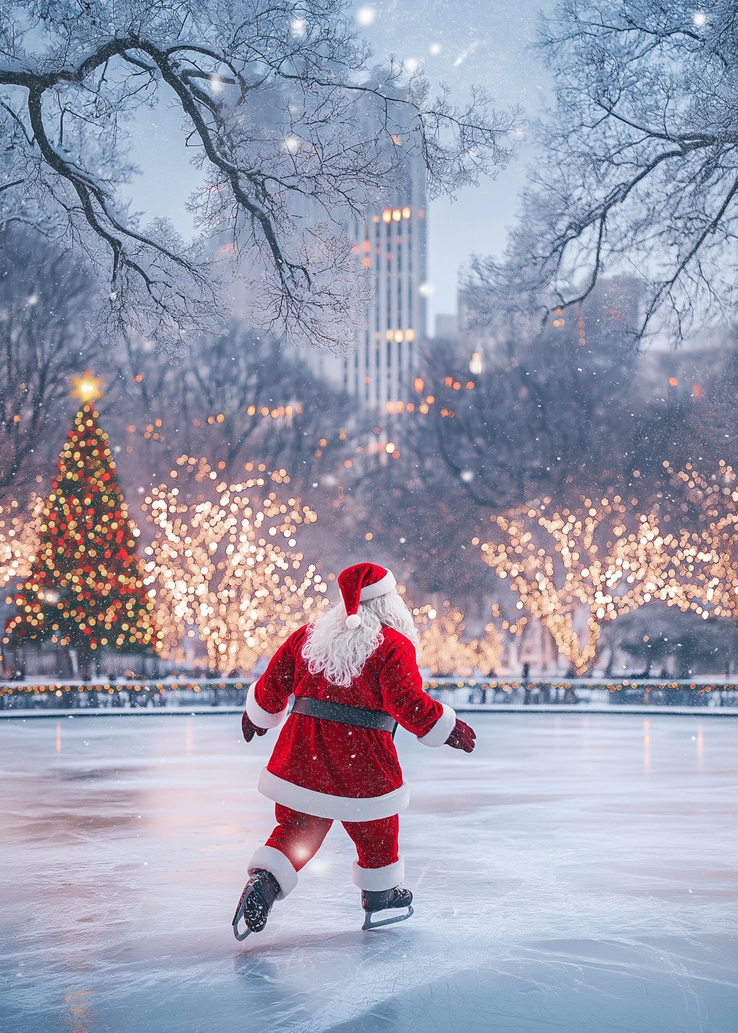 Enchanting Urban Christmas Scene | Santa Claus Ice Skating | Festive Wonderland Poster | Glittering Holiday Decor | Christmas Lights & Decor | Snow-Covered Cityscape | Magical Seasonal Print | Home & Office Wall Art