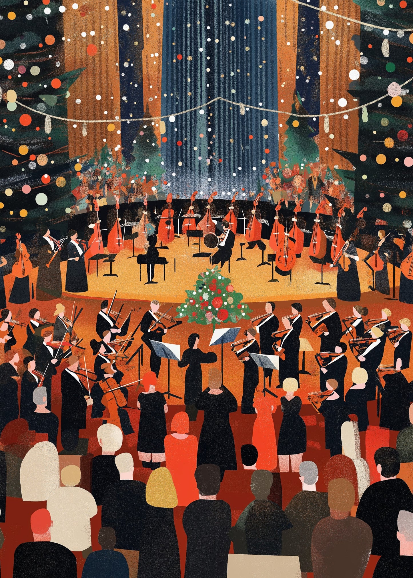 Festive Symphony Orchestra Art | Elegant Musicians with Violins & Cellos | Grand Christmas Decorations | Concert Hall Poster | Perfect for Holiday Music Lovers Decor | Stunning Illustration Print