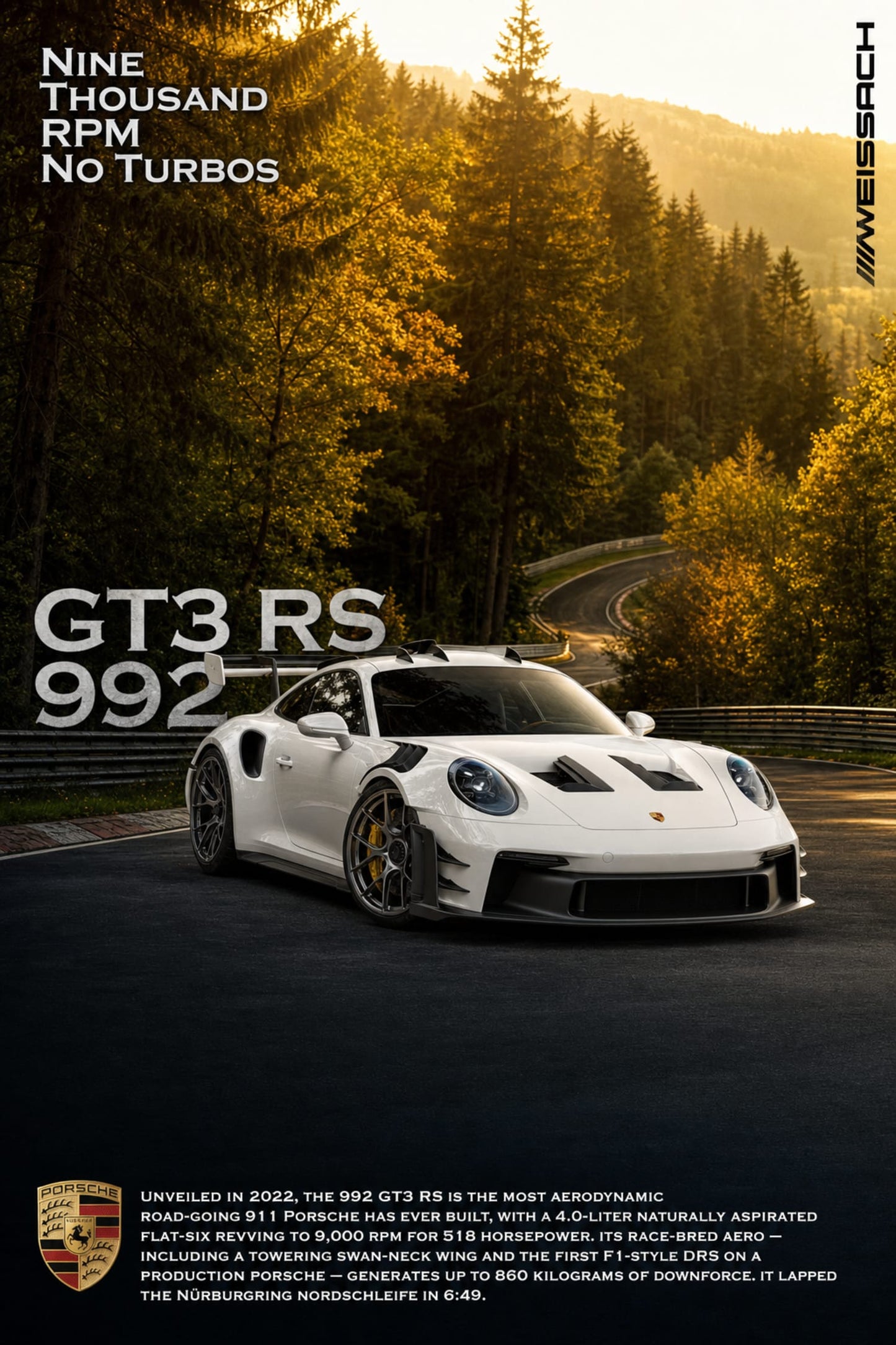 Porsche GT3 RS 992 | High Performance Car Art | Nine Thousand RPM | Automotive Poster | Wall Print Decor | Sports Car Enthusiast Gift