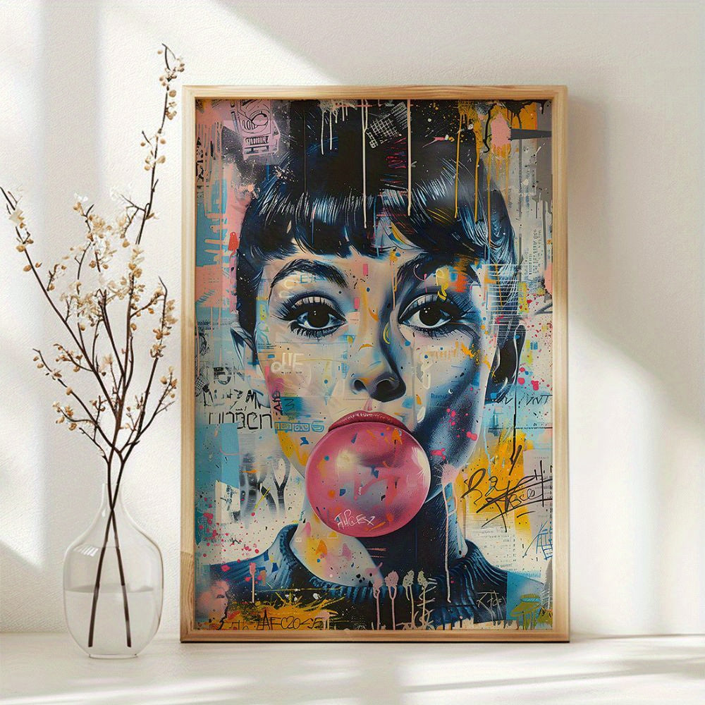 Bubble Gum Blowing Woman | Vibrant Pop Art Poster | Funky Wall Decor