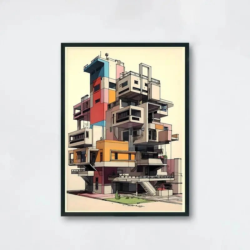 Gestapelte modernistische Apartments Kunstposter | Urbanes Architekturdesign | Farbenfrohe Gebäudeillustration | Perfekt für zeitgenössisches Dekor