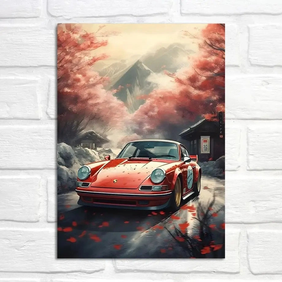 Porsche 911 | Winterzauber am Fuji | Kulturelles Tor | Ikonische Porsche-Reiseposter