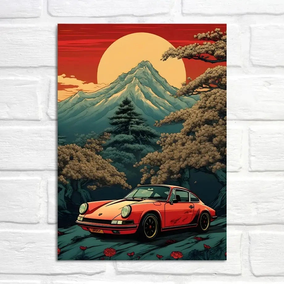 Porsche 911 | Majestätischer Sonnenaufgang über dem Fuji | Malerische Roadtrip-Kunst | Eastern Serenity Automotive Poster