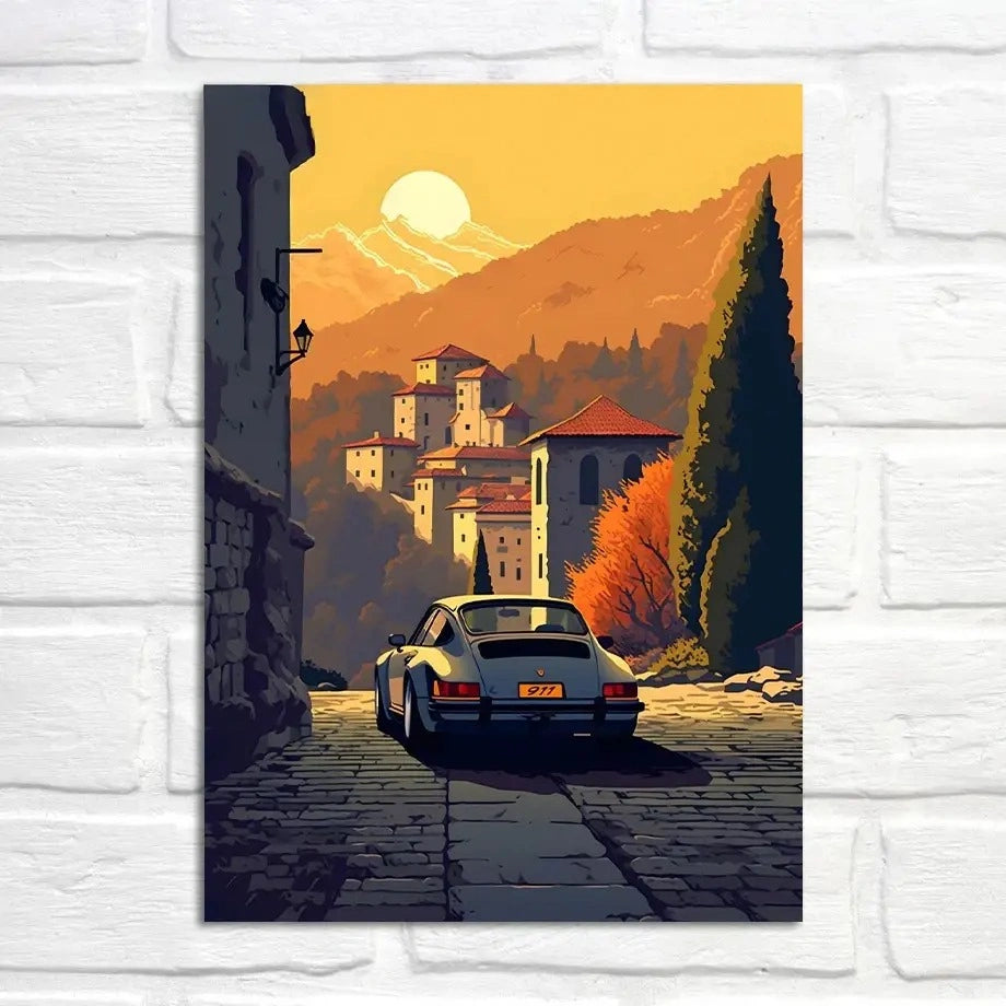 Porsche 911 | Autumnal Twilight in Tuscany | Poster | Scenic Rustic Beauty | Car Enthusiast Art