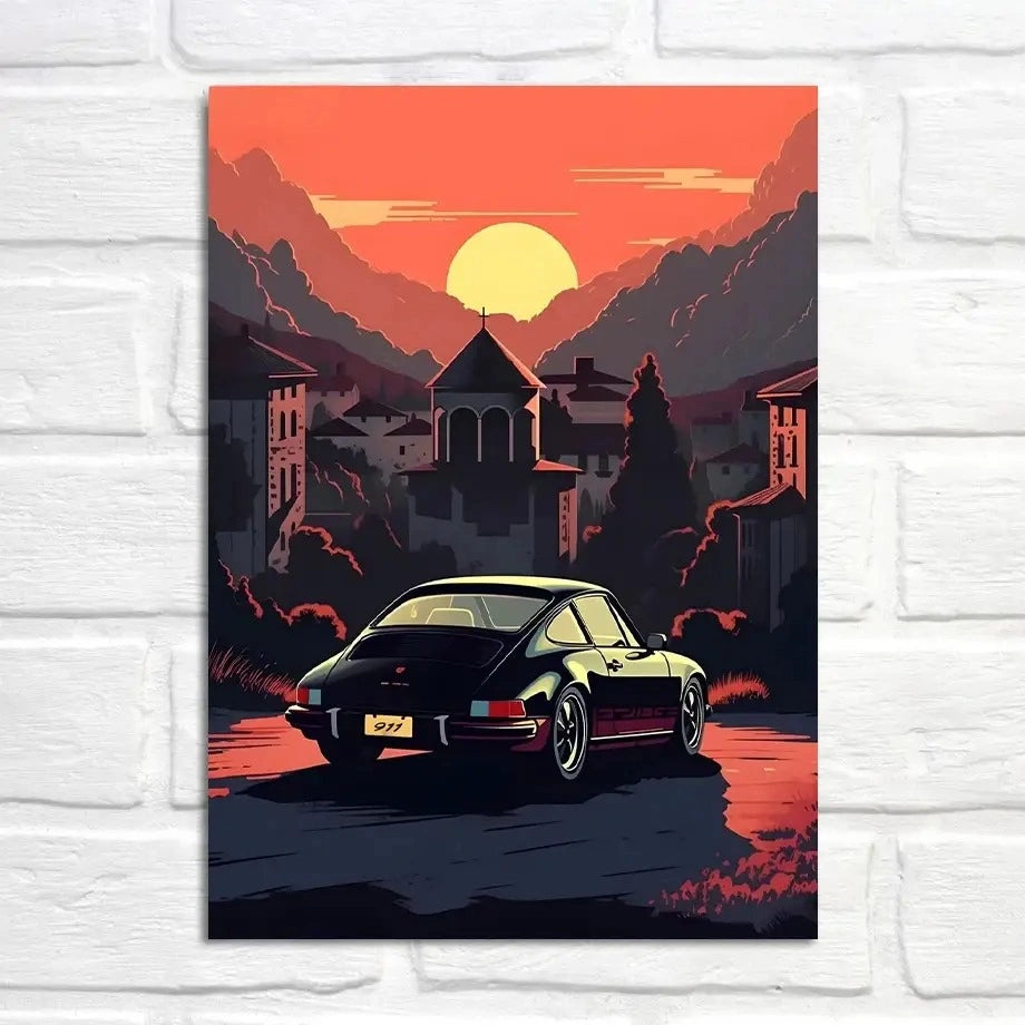 Porsche 911 Poster | Szene zur goldenen Stunde | Sonnenuntergang im Dorf | Kultige Autokunst | Malerische Landschaft