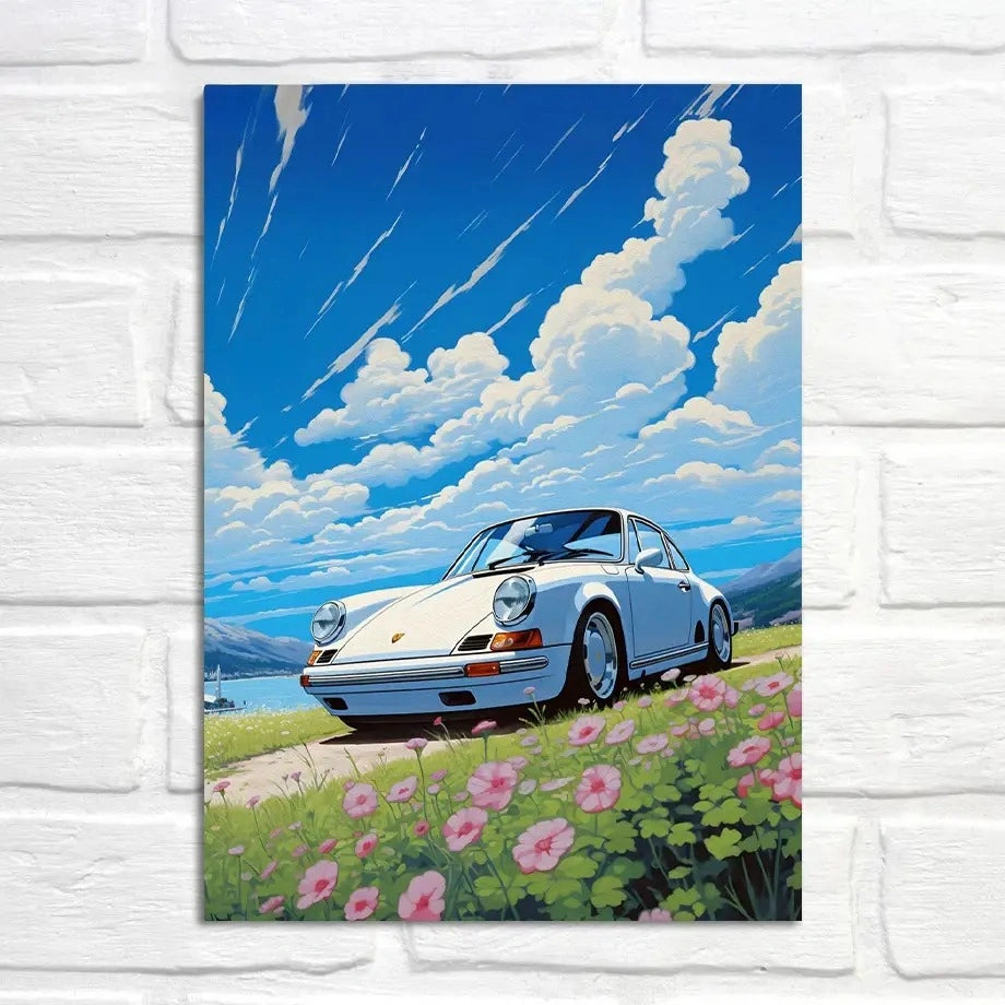 Porsche 911 Poster | Himmelsreise unter blauen Streifen | Alpenflucht-Landschaft | Erkundung der Porsche-Horizonte