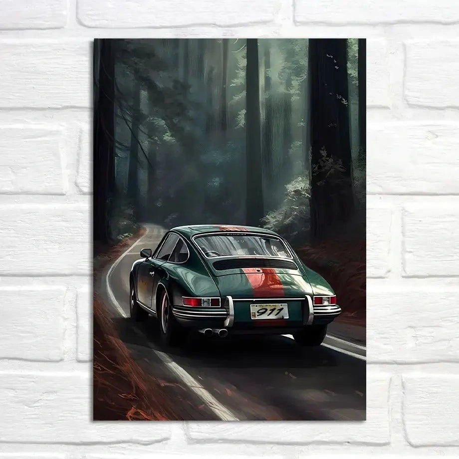 Porsche 911 | Poster „Waldserenade“ | Flüsternde Wälder in der Abenddämmerung | Fesselnde Fahrten | Malerische Landschaftskunst