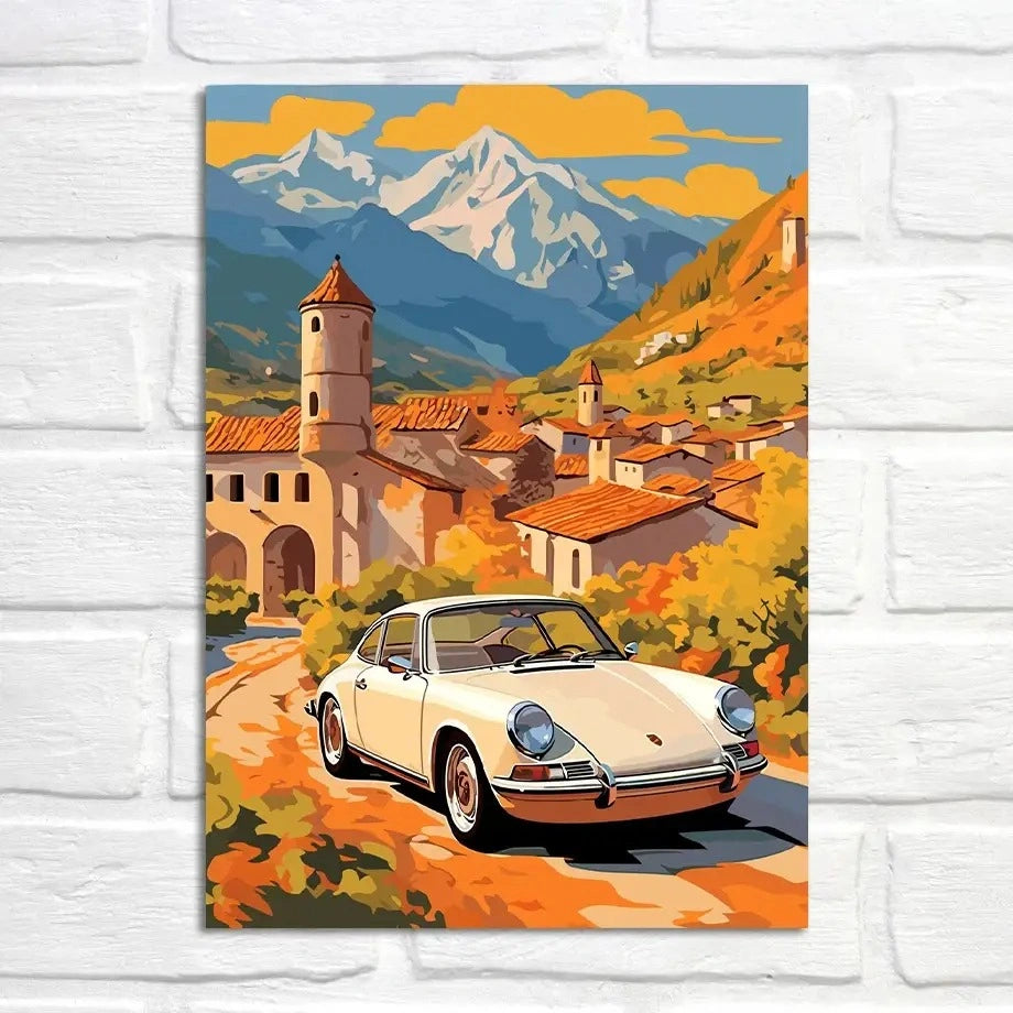Porsche 911 Poster | Rustikaler Herbstcharme | Vintage-Dorfszene | Zeitlose Reise