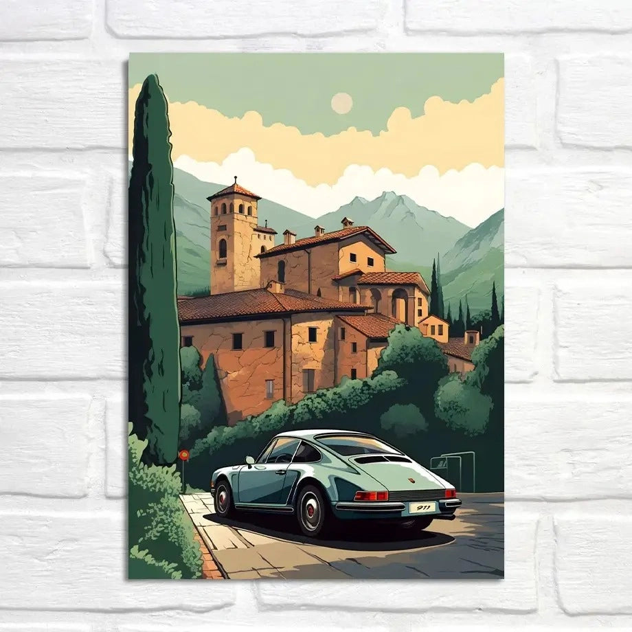 Porsche 911 Poster | Heitere Dämmerung im alten Kloster | Friedlicher Zufluchtsort | Automobilkunst | Historische Erkundungen