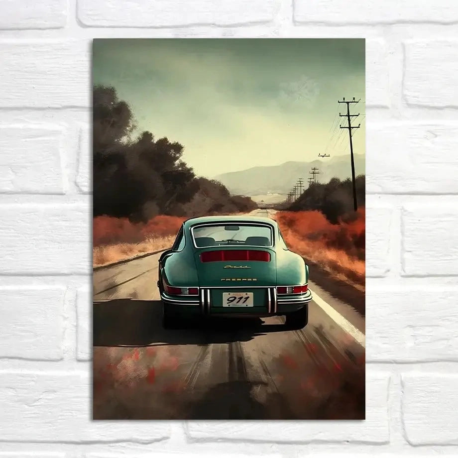 Porsche 911 Poster | Feurige Autobahnfahrt bei Sonnenuntergang | Wüstenlandschaftskunst | Dramatische Szenerie