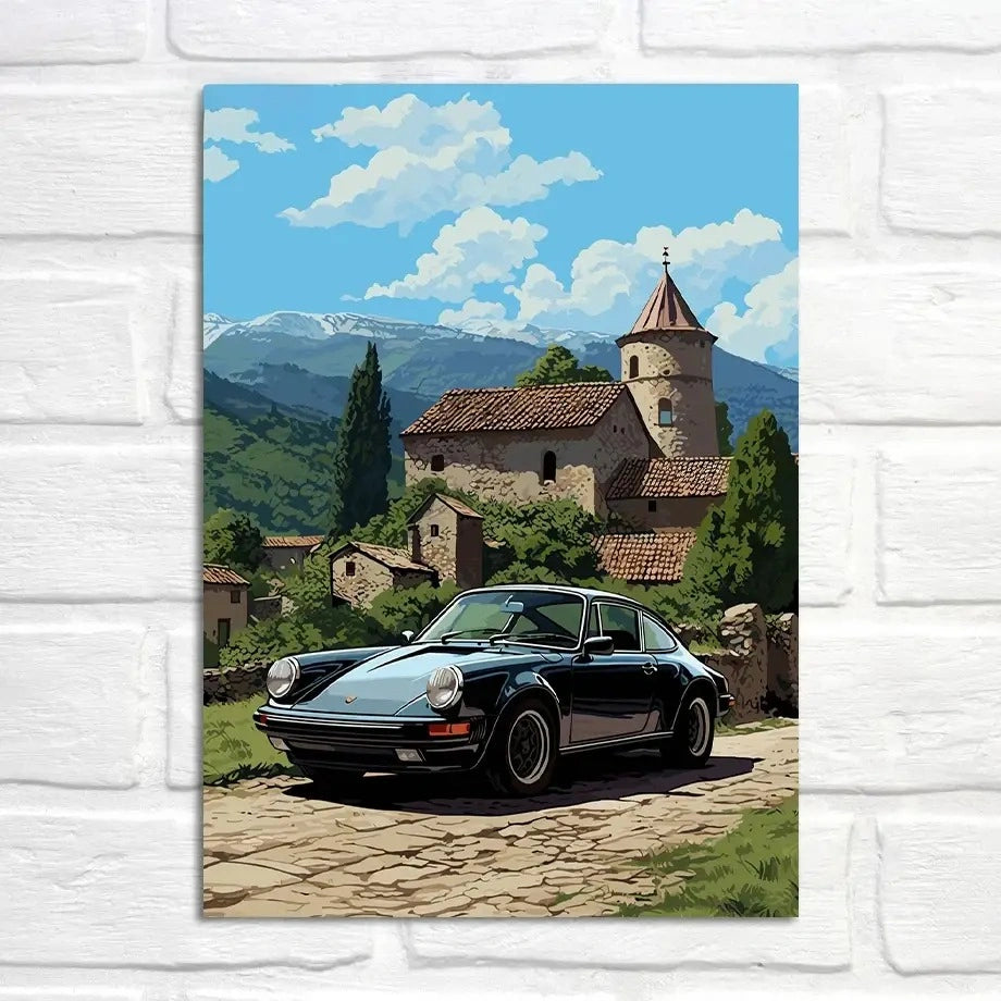 Porsche Poster | 911 Morning Glory | Morgendämmerung auf dem Land | Ruhe in der alten Kirche