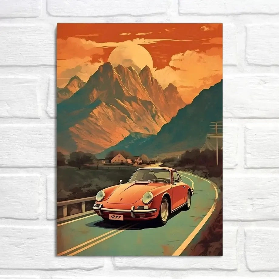 Porsche 911 Poster | Sonnenuntergangsfahrt durch die Berge | Malerische Route | Automobil-Kunst-Dekor