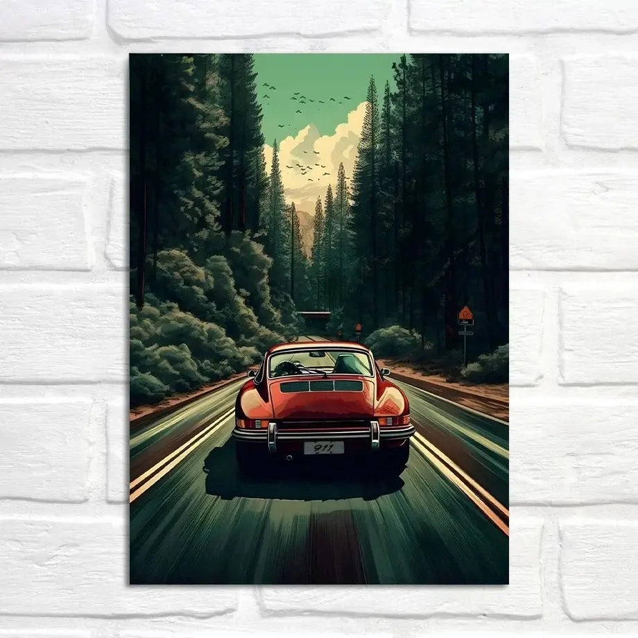 Porsche 911 Poster | Rennabenteuer durch neblige Redwoods | Malerische alte Wälder | Mystische Reise