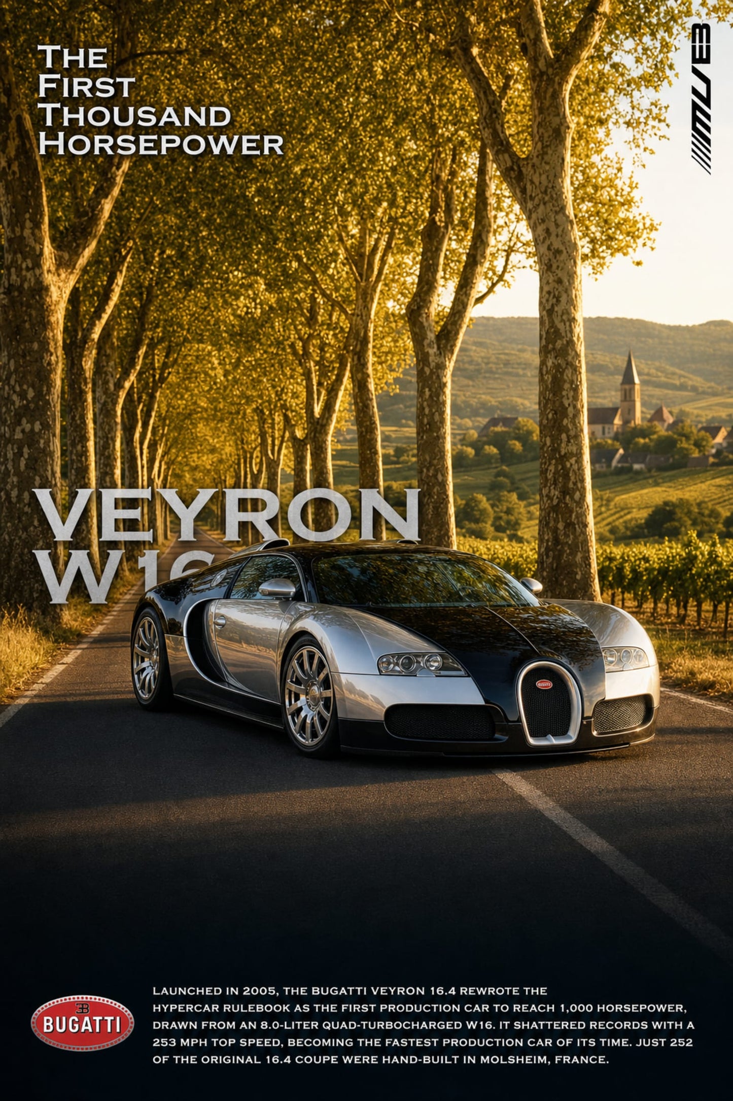 Bugatti Veyron W16 | Iconische Supercar Print | Eerste Productieauto met 1000 Paardenkracht | Hoogwaardige Poster voor Autoliefhebbers