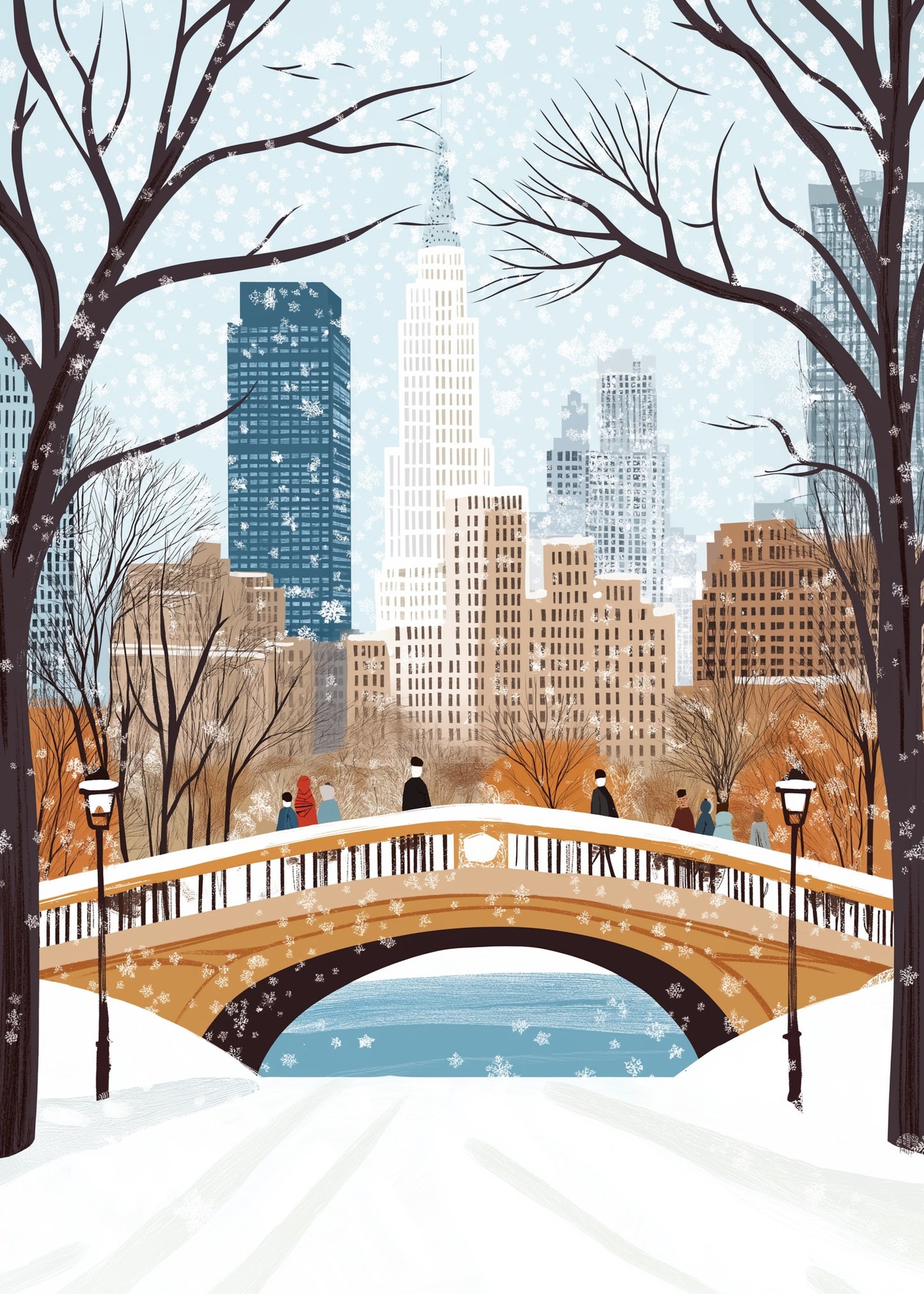 Scenic Winter Cityscape | Urban Skyline Poster with Snowfall | Elegant Snow-Covered Trees | Skyscrapers and Lamp Posts | People in Winter Attire | Home & Office Decoration | Festive Seasonal Print
