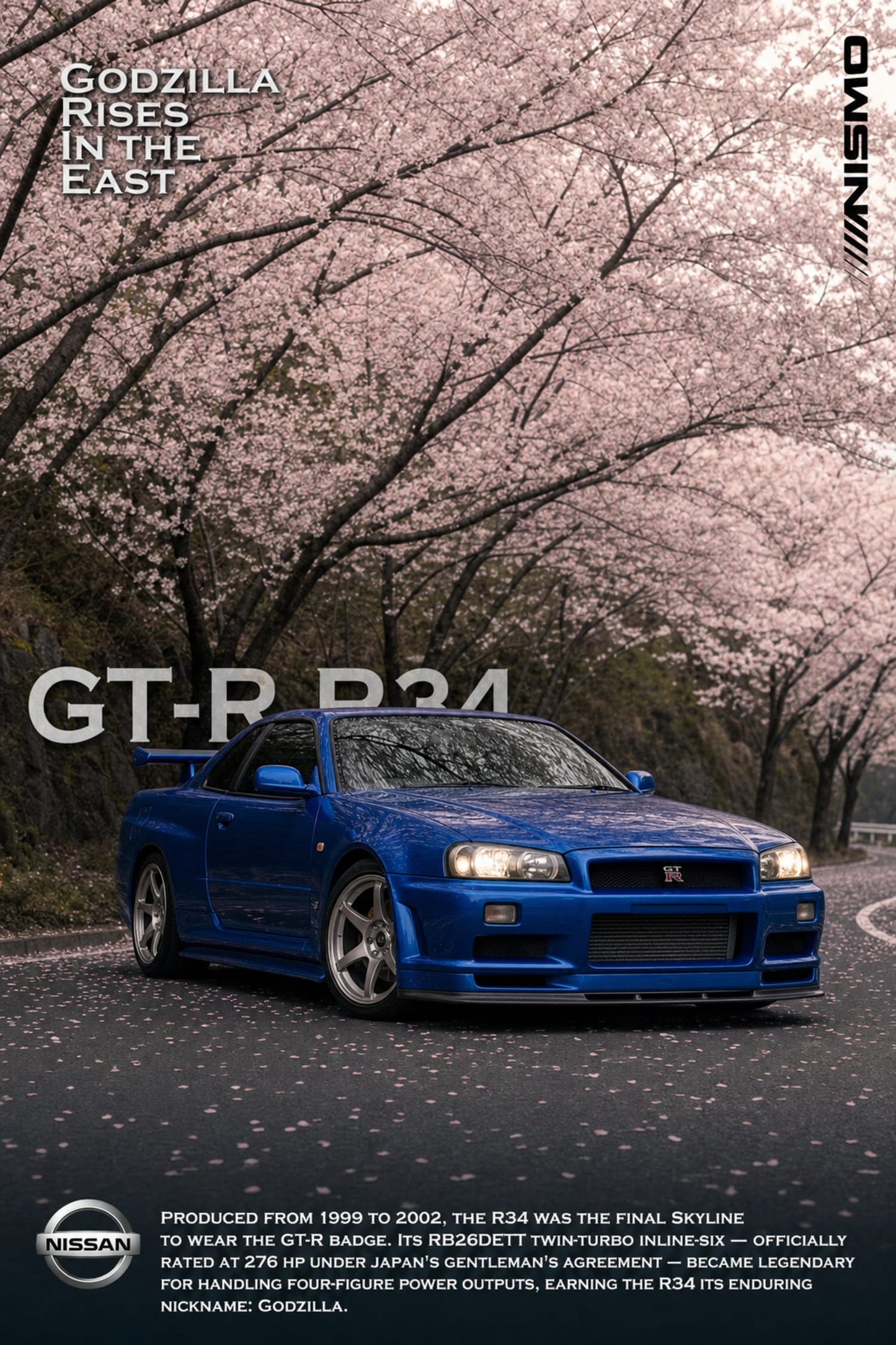 Nissan GT-R R34 Skyline | Cherry Blossom Road Scene | Iconic Japanese Sports Car Poster | High-Quality Auto Art Print