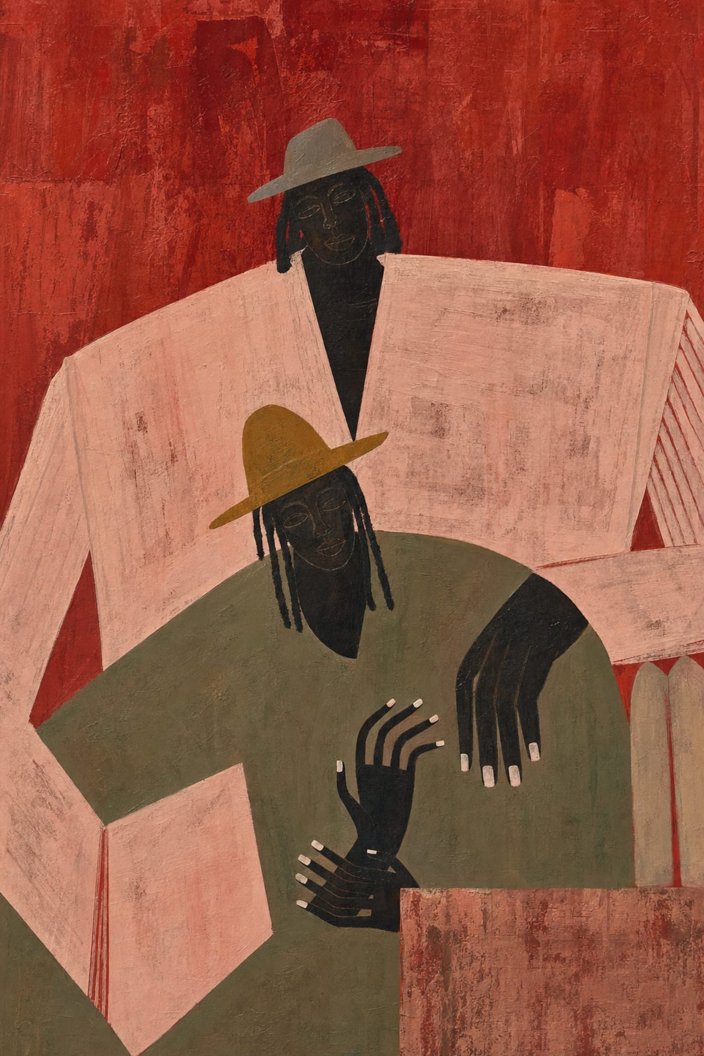 Artistic Expression | Abstract Figures with Hats | Unique Painting Style | Colorful Modern Poster Print | Bold Design Artwork