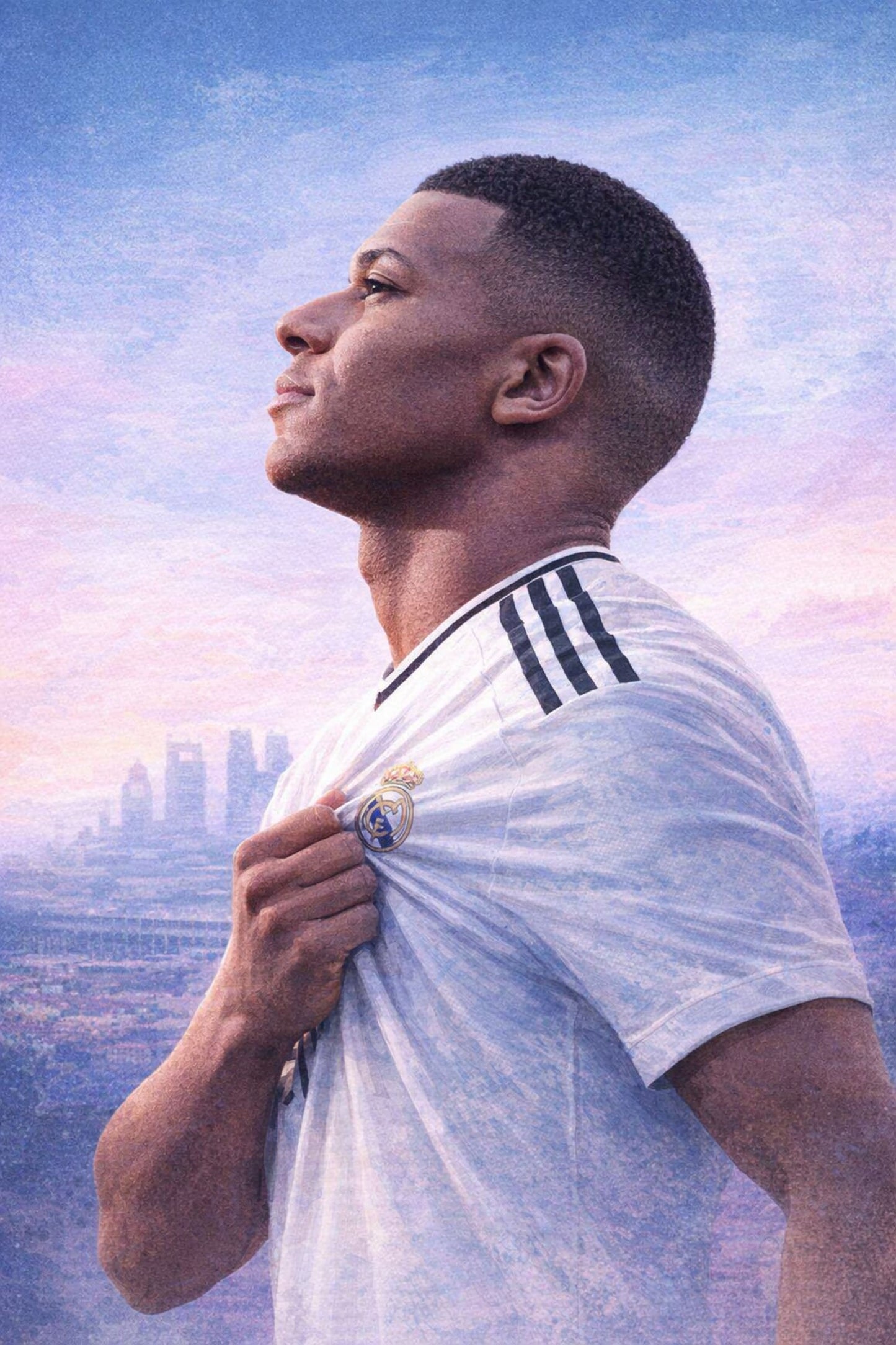 Inspirational Sports Artwork | Football Player Illustration with Team Emblem | Cityscape Background | Motivational Poster Print | Modern Decor for Sports Enthusiasts | Athletic Spirit and Dedication