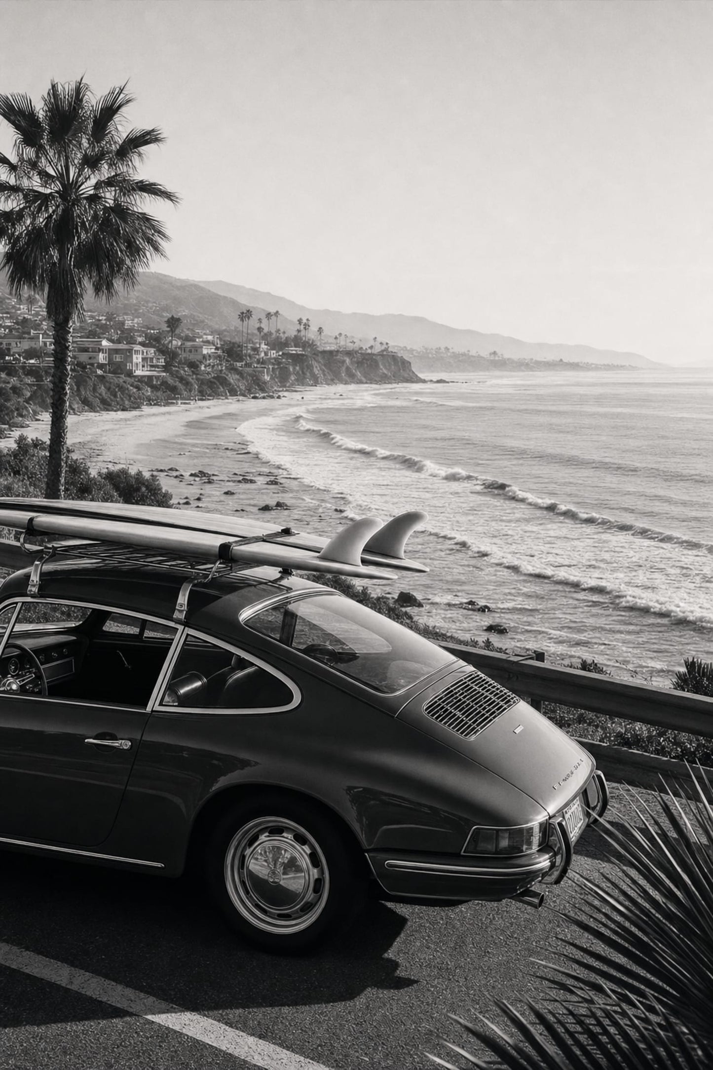 Vintage Beach Drive | Classic Car with Surfboard by Ocean | Palm Trees Scenic View Art Print Poster