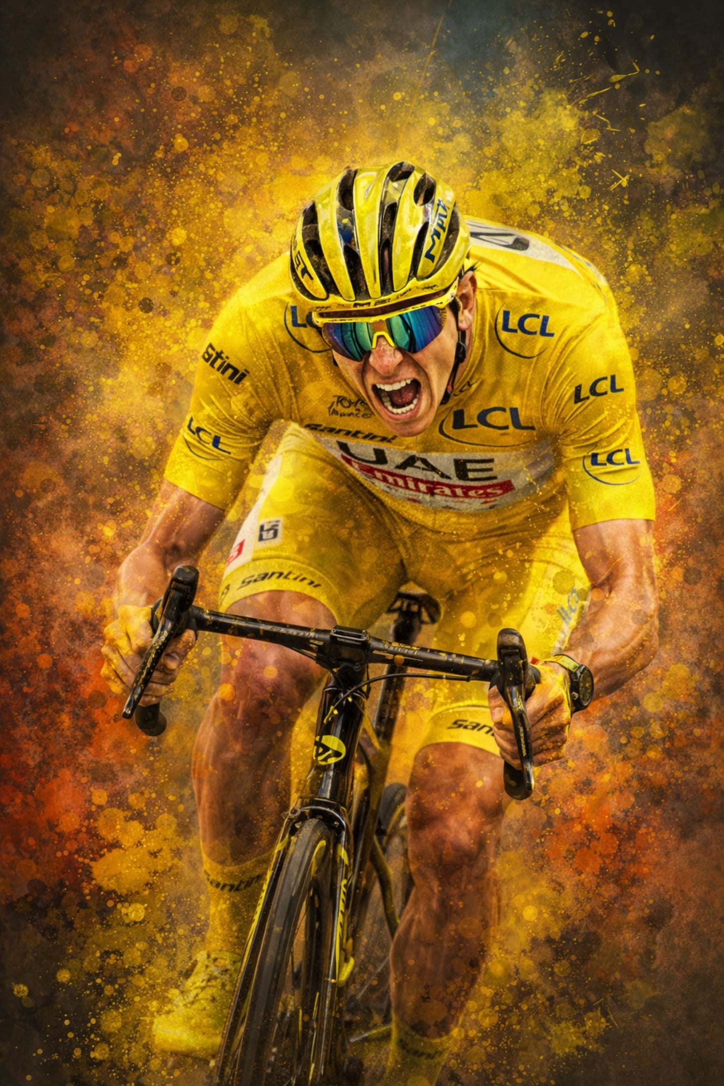 Cycling Athlete Art | Intense Sports Poster | Vibrant Yellow Kit | Adrenaline Race Poster | Splattered Paint Effect | Bike Enthusiast Wall Art | Team Branding Print | Sporty Decor | Home Gym Poster