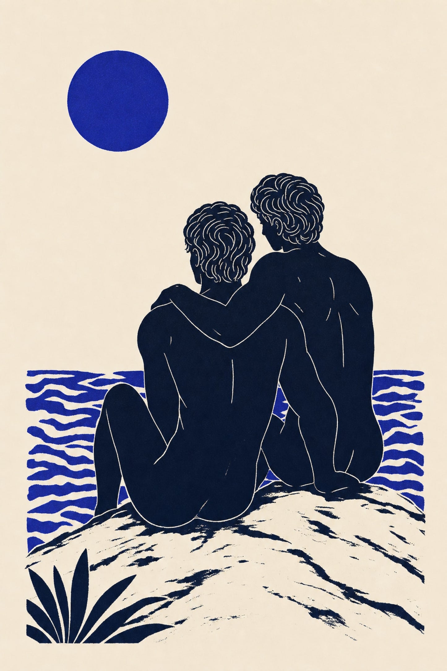 Romantic Illustration | Couple Embrace by Ocean Art | Wall Decor | Modern Love Poster | Minimalist Print | Sea and Sun Design