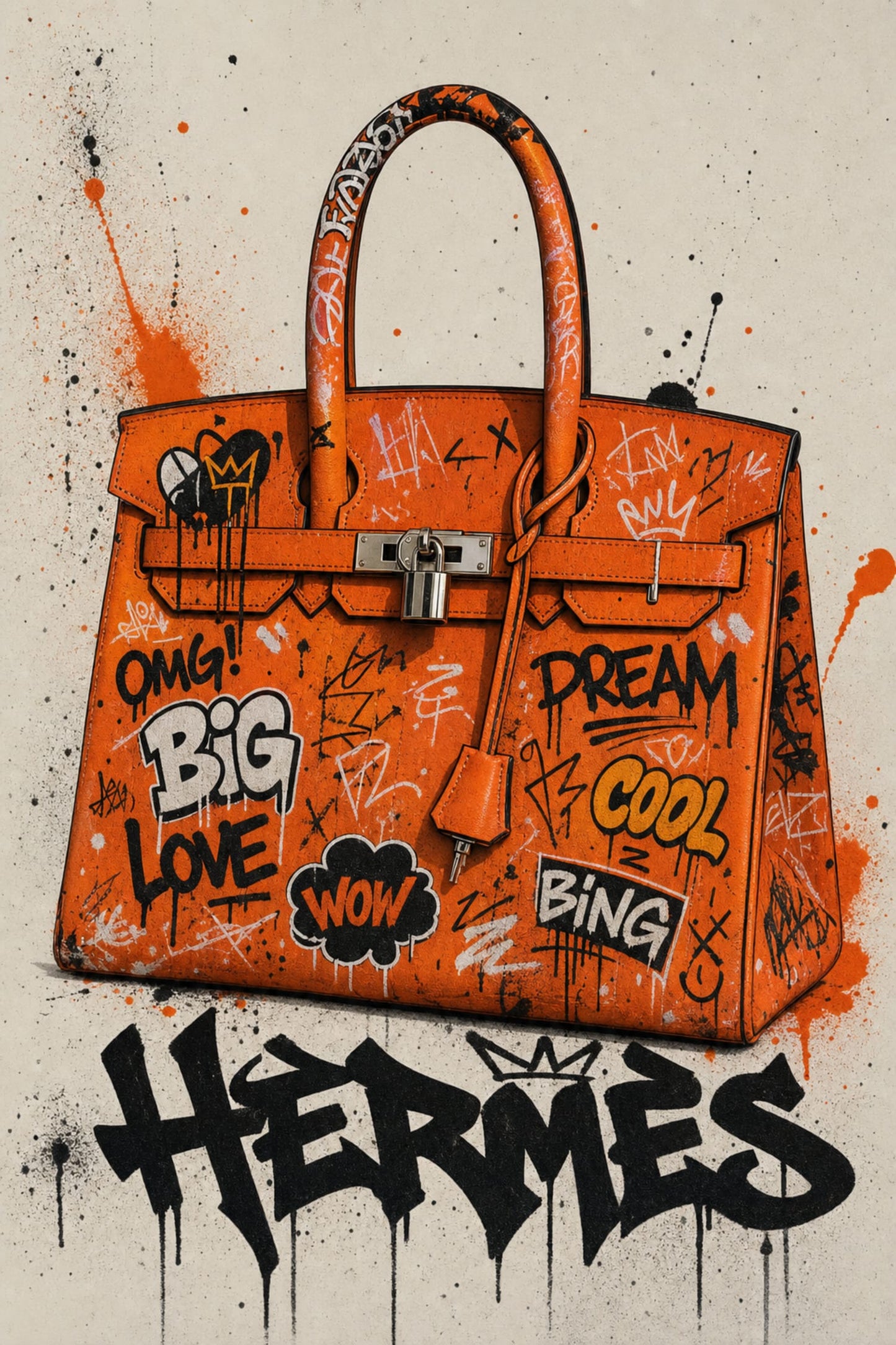 Stylish Graffiti Art | Orange Designer Handbag Illustration | Trendy Wall Print Poster | Fashion Inspired Decor