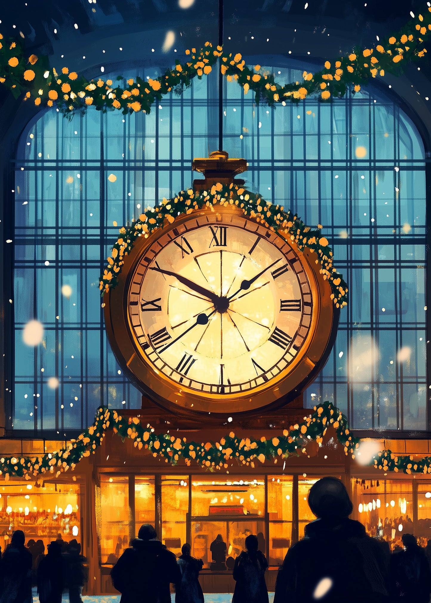 Grand Entrance Poster | Festive Snowfall Scene | Illuminated Clock | Blue Window Backdrop | Greenery & Yellow Ornaments | Seasonal Ambiance | Wall Art Print for Home Decor or Holiday Gifts