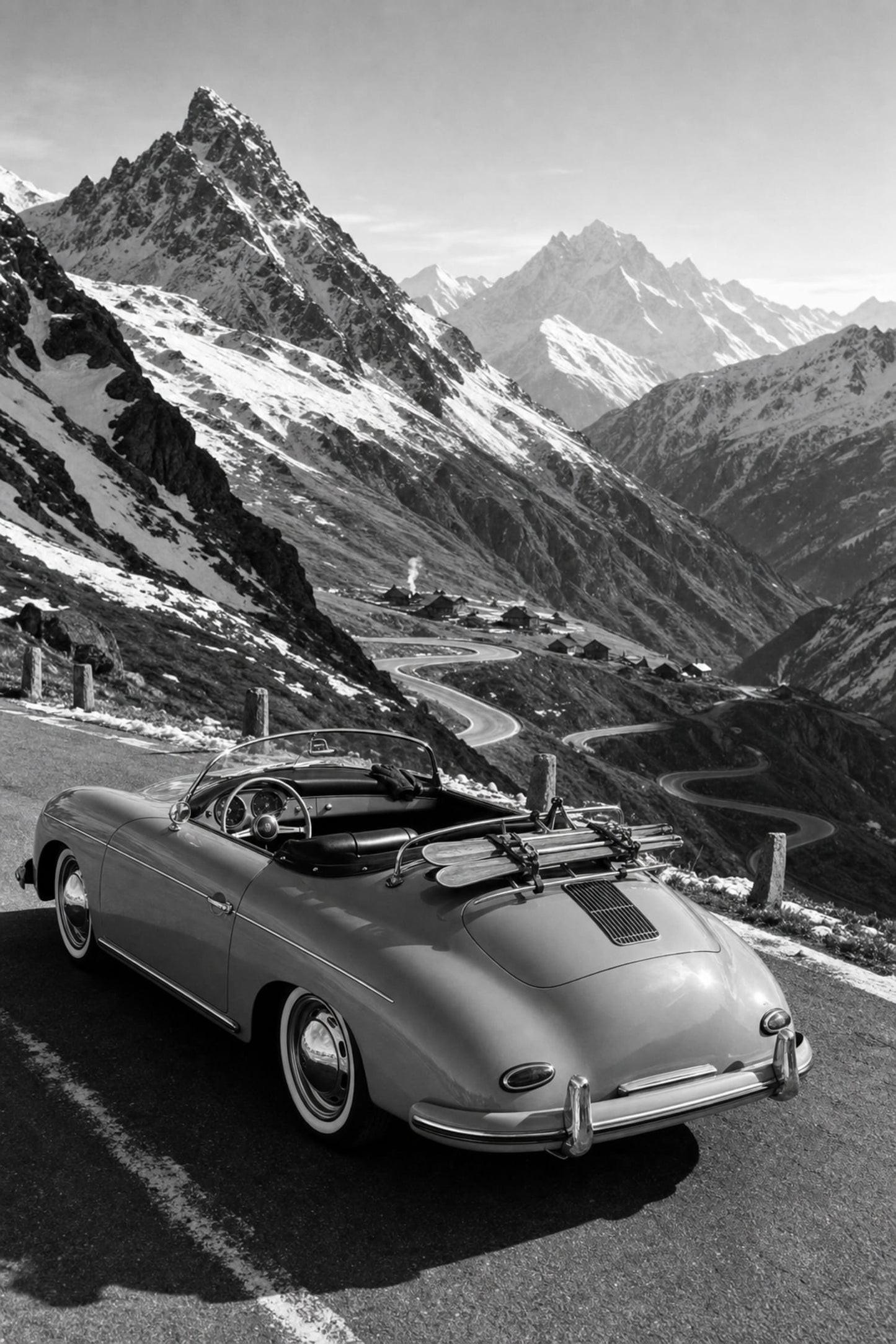 Vintage Convertible in Alpine Mountains | Black and White Scenic Poster | Classic Car Wall Art Print