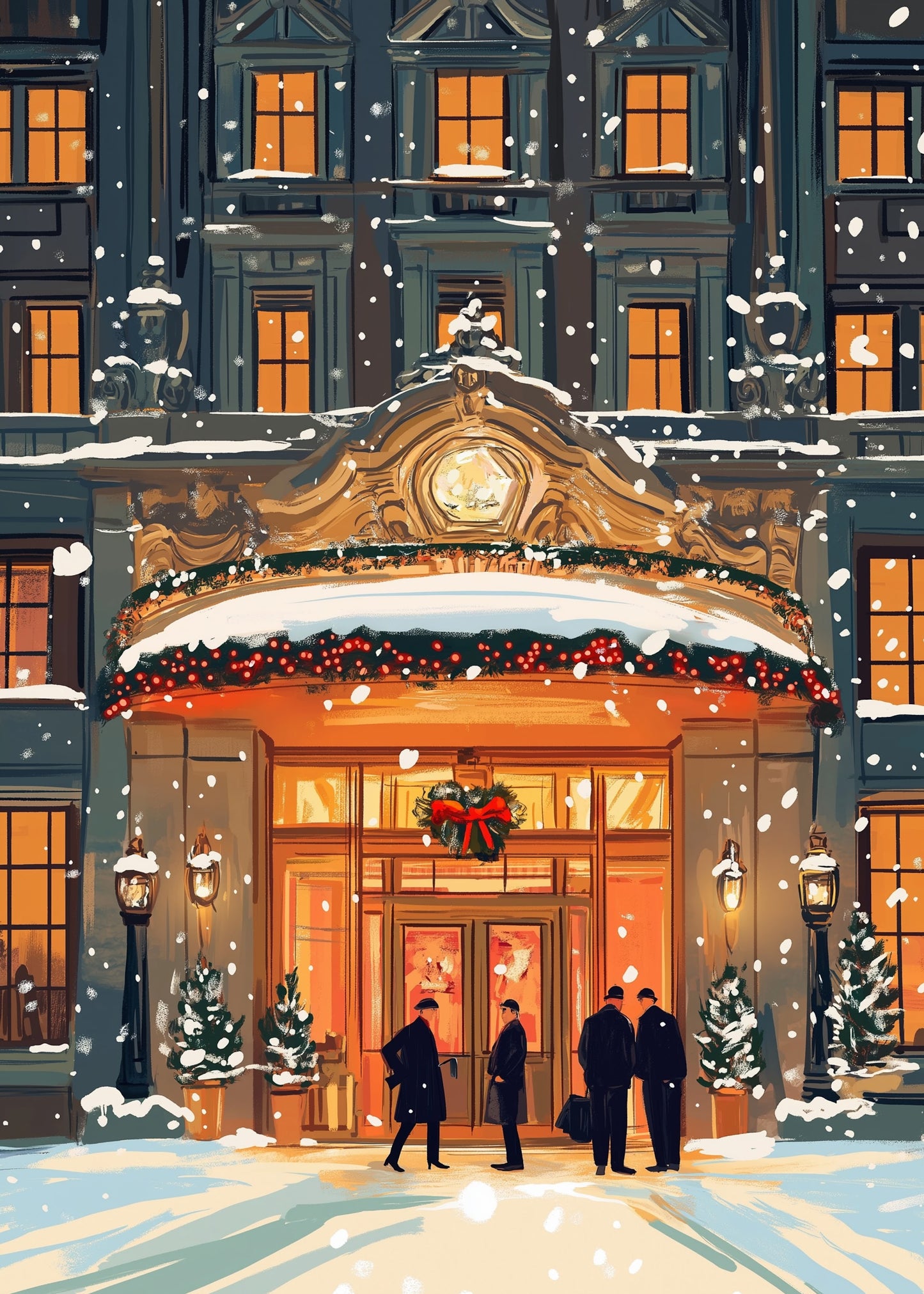 Luxurious Winter Holiday Scene | Festive Hotel Entrance | Snow-Covered Architecture | Seasonal Wreaths & Lights | Holiday Poster & Print