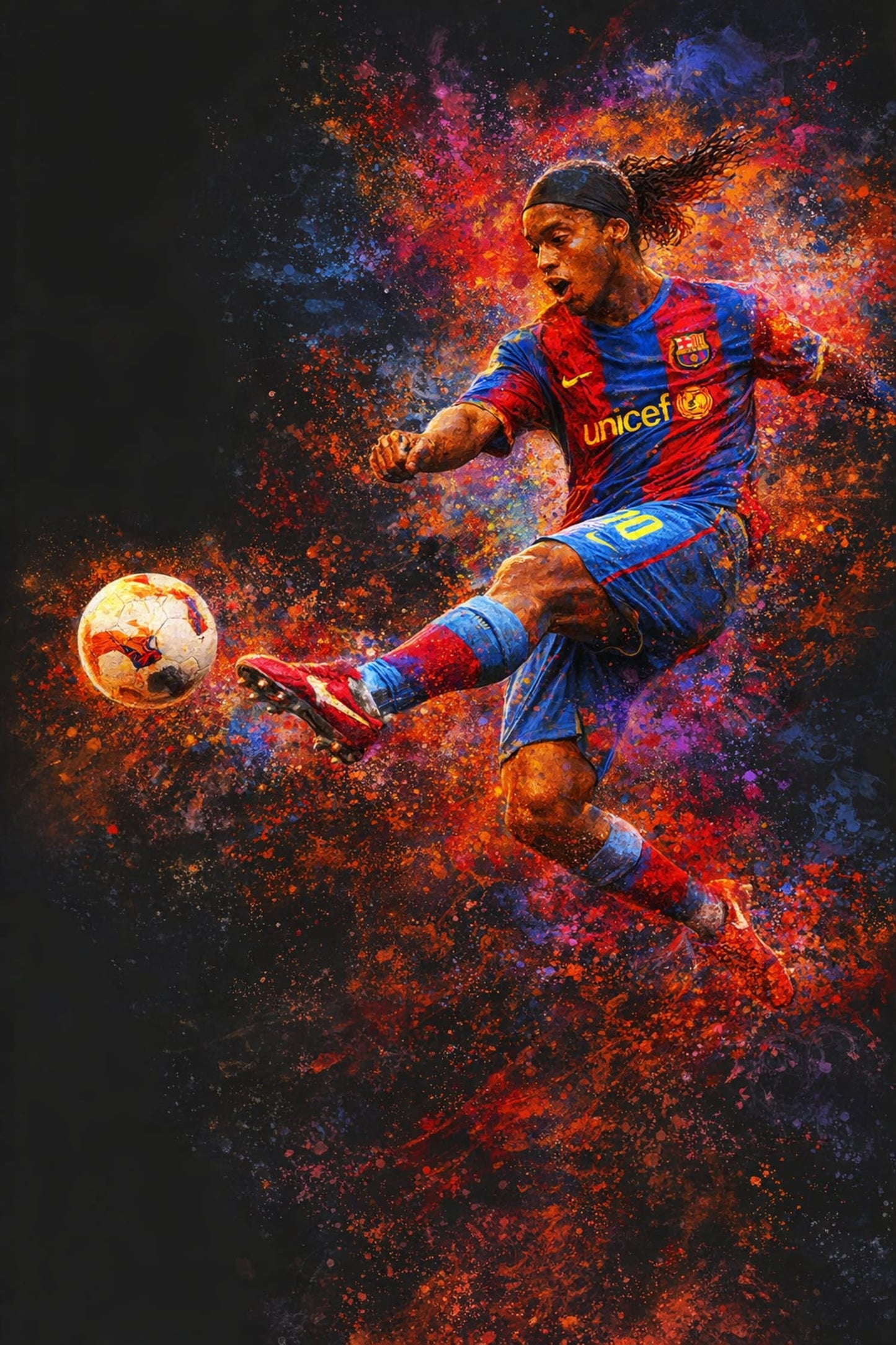Ronaldinho | Soccer Art Print | Vibrant Abstract Motion | Player in Striped Jersey | Creative Wall Decor | High-Quality Poster for Enthusiasts