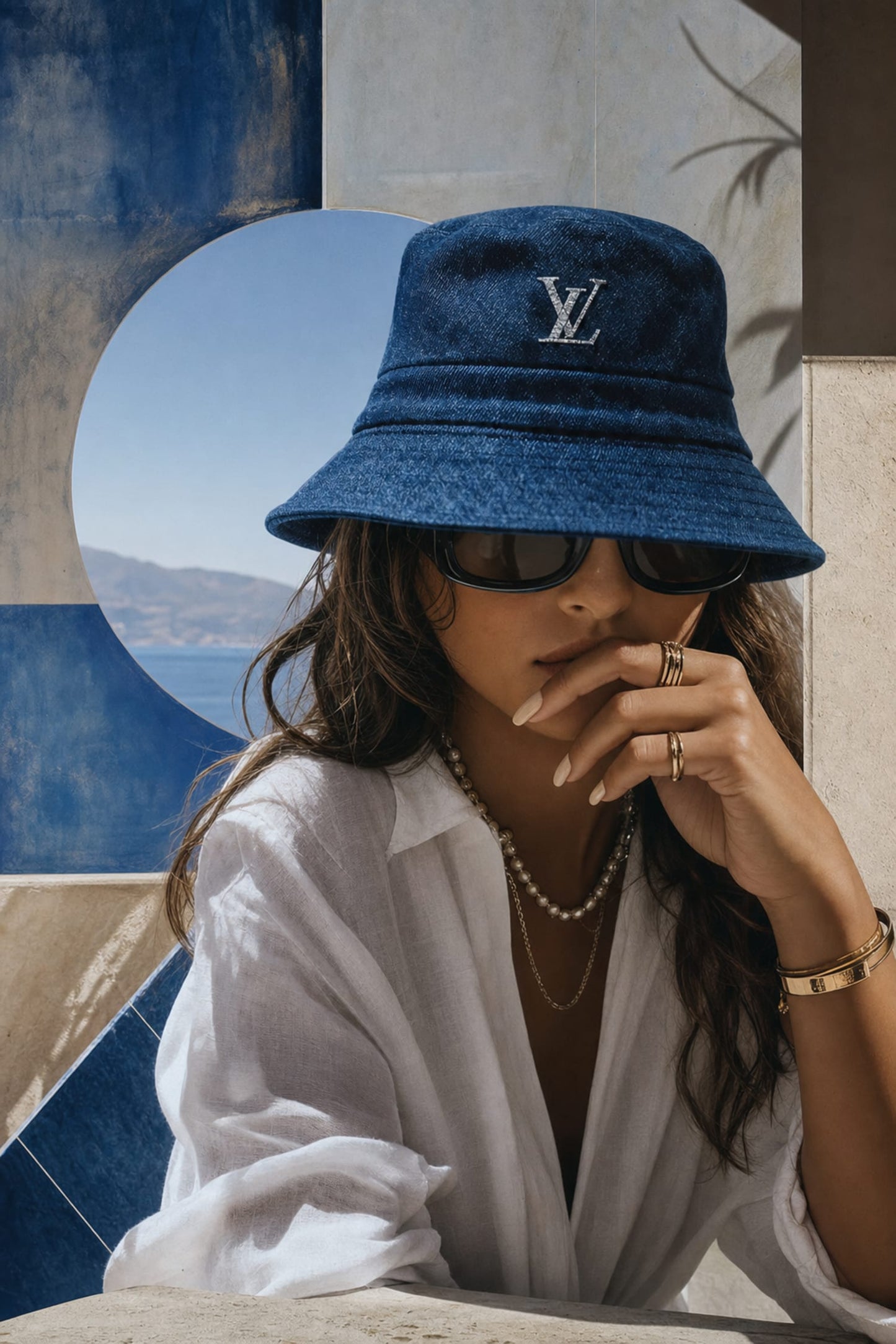 Stylish Fashion Woman in Blue Hat and Sunglasses | Elegant Art Decor | Chic Wall Poster | Luxury Style Print