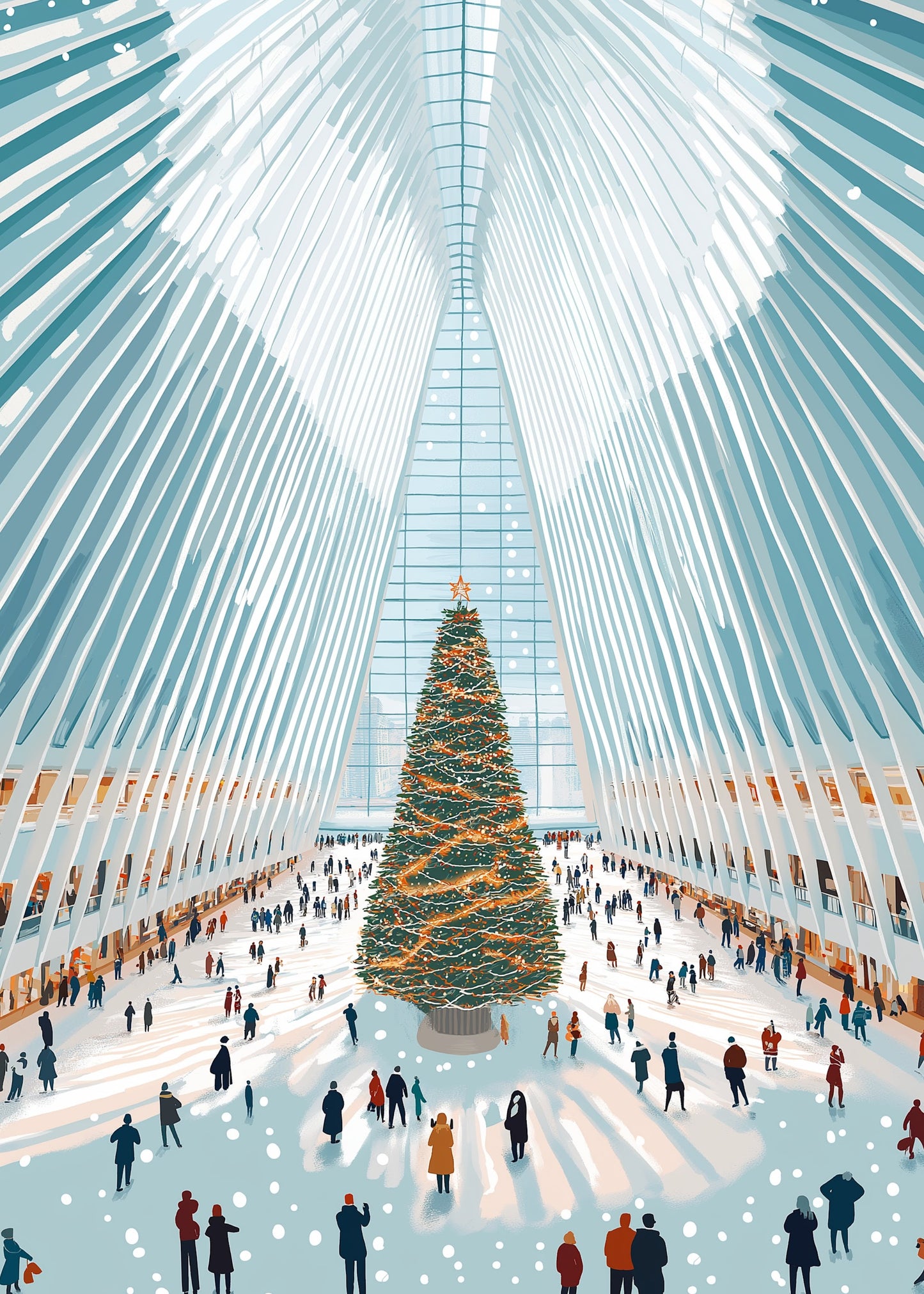 Holiday Spirit | Majestic Christmas Tree | Modern Atrium | Snowy Atmosphere Poster | Festive Decor | Interior Scene | Seasonal Celebrations | Perfect for Winter Wonderland Theme | Print