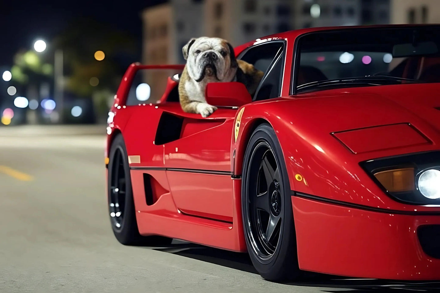 Englische Bulldogge im Ferrari F40 | Bulldoggen-Poster für Luxusauto-Enthusiasten | Traum-Wandkunst für Oldtimer- und Tierliebhaber