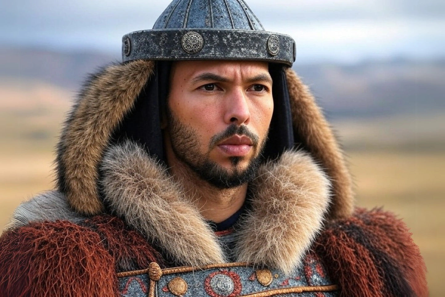 Blick des Kriegers | Andrew Tate | Mongolischer Krieger in traditioneller Rüstung | Historisches Porträtposter