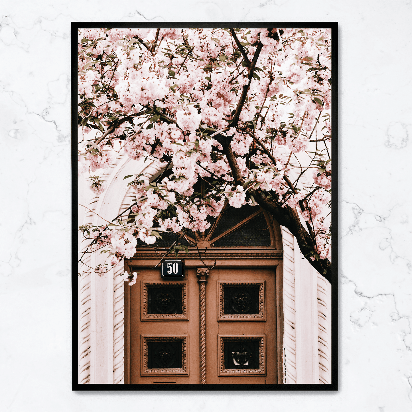 Poster | Door with Pink Flowers | Artistic Decor for Home & Garden | Floral Print Wall Art