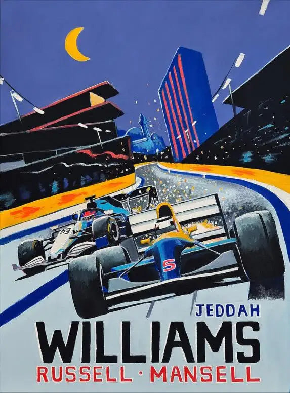 Poster der Rennszene in Jeddah | Russell & Mansell | Williams F1-Kunst | Formel-1-Erbe
