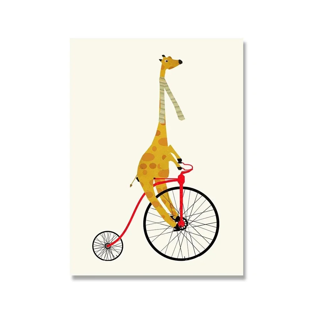 Giraffe's Solo Cycle Poster | Whimsical Wheels Artwork | Joyful Animated Adventures Decor