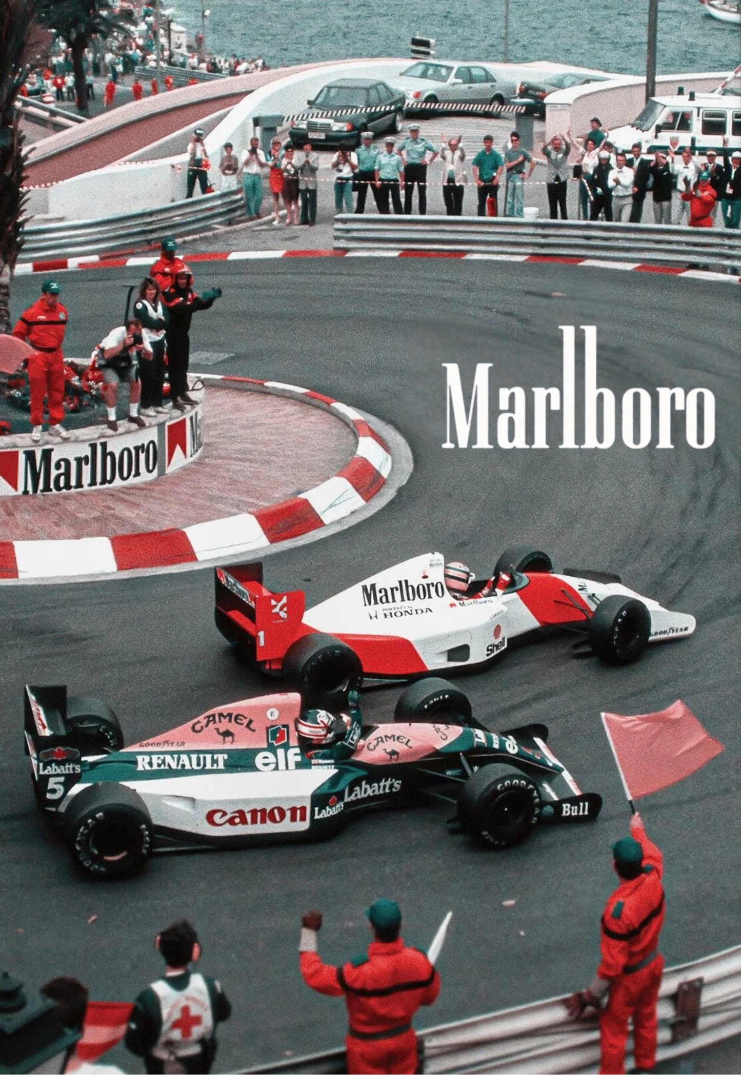 Ayrton Senna vs. Nigel Mansell | Poster zum Grand Prix von Monaco | Vintage-Rennkunst der Formel 1 | McLaren vs. Canon Williams-Renault-Dekor