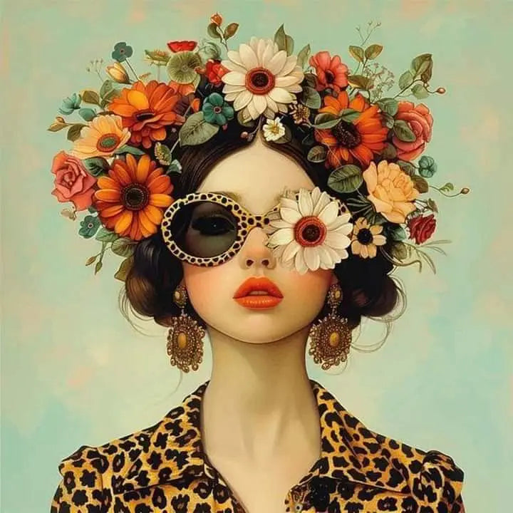 Floral Girl Poster | Chic Sunglasses & Blooming Crown Art | Vibrant Blossom Spectacle Wall Decor