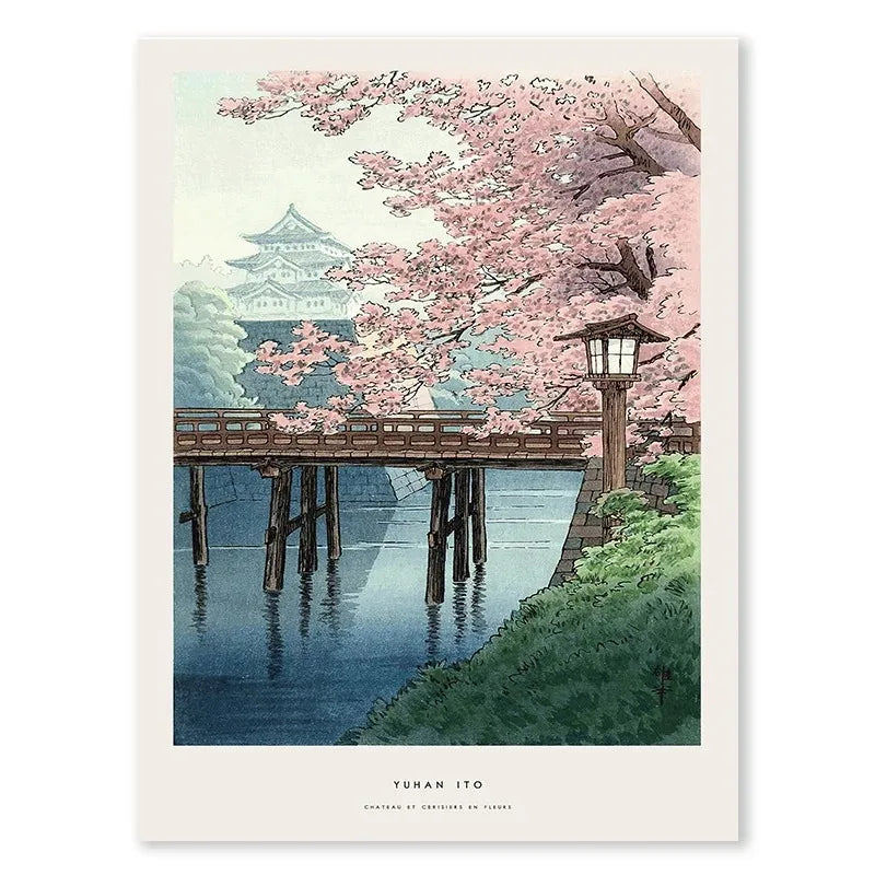Yuhan Ito | Japanese Ukiyo-e Art | Chateau and Cherry Blossoms Poster | Home Decor Wall Art
