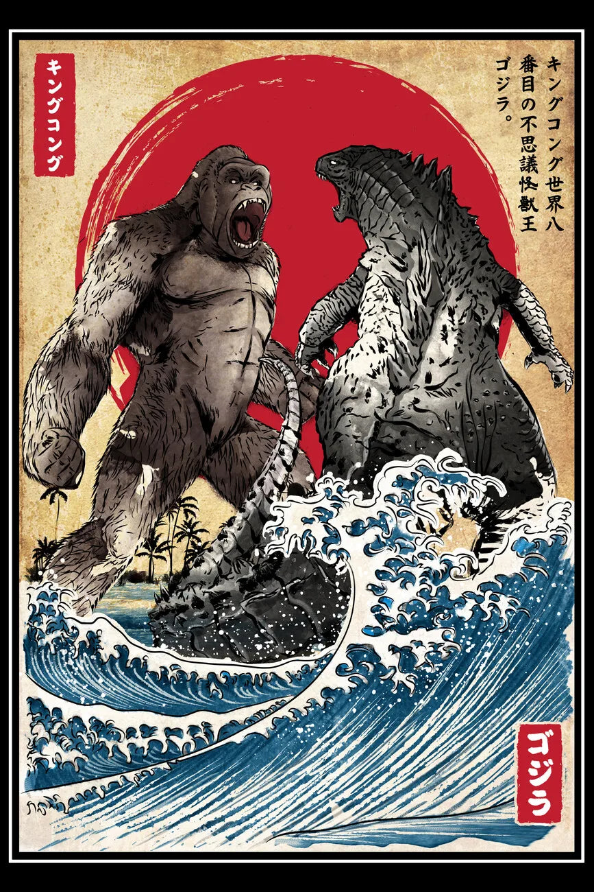 King Kong vs. Godzilla | Epic Battle | Japanese Mythology Art | Ukiyo-e Inspired | Vintage Titans Poster