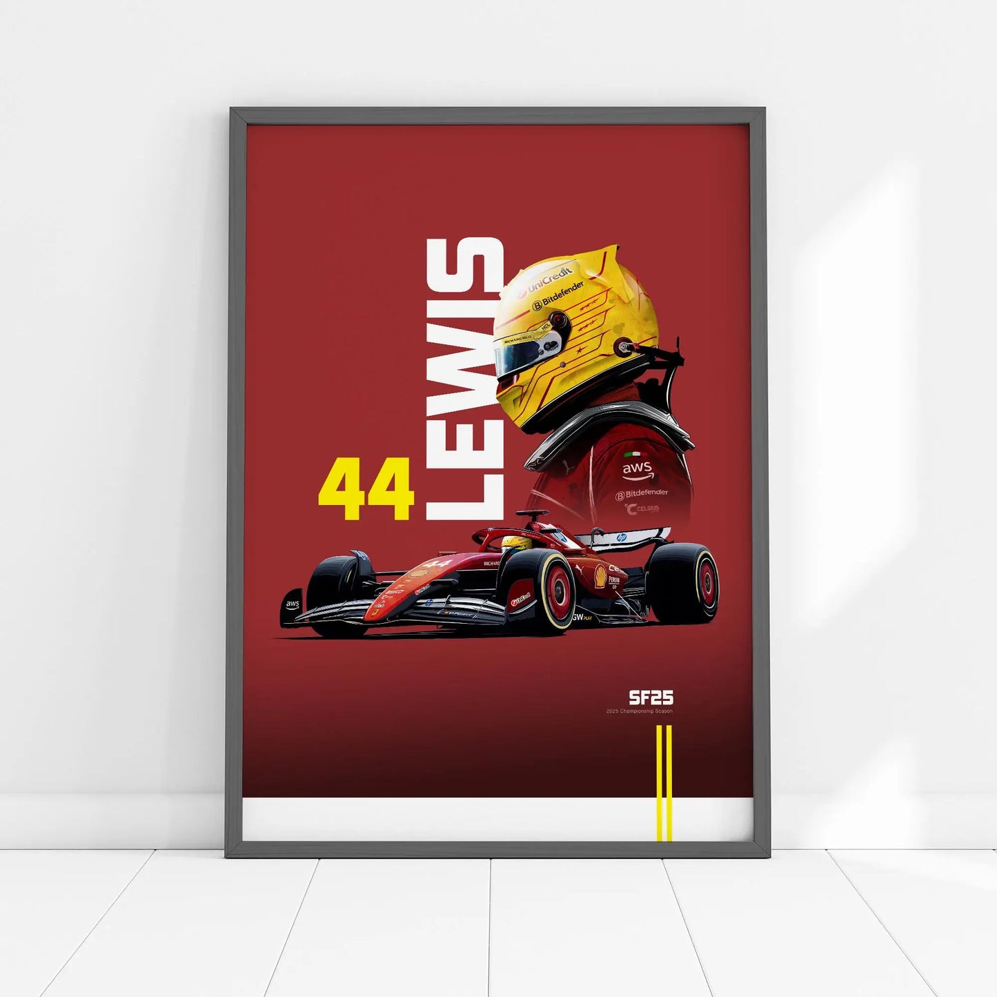 2025 Season Lewis Hamilton Formula 1 Racing Poster | SF25 Championship Car with Iconic Yellow Helmet | Red Collector's Edition
