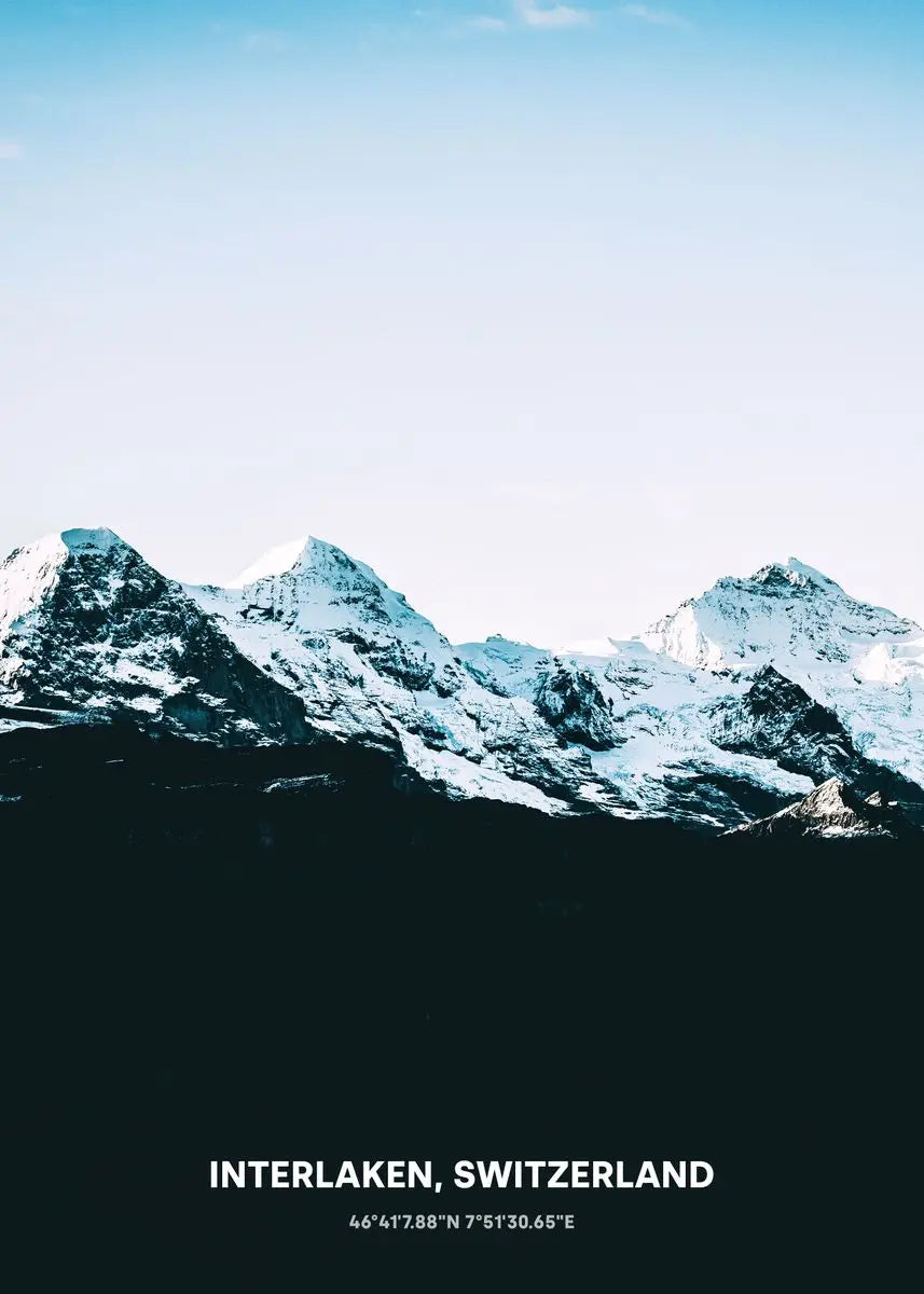 Poster mit rauen Bergketten | Panoramaansicht von Interlaken | Winterlandschaftskunst in der Schweiz | Wohndekor-Wandkunst