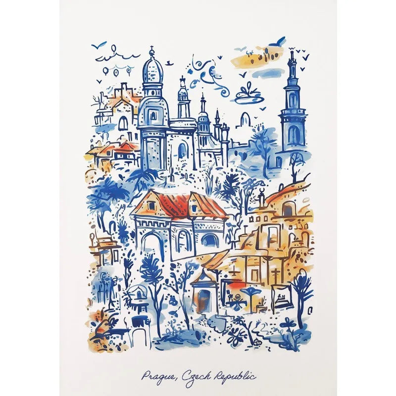 Prague Architecture Poster | Blue and Orange Watercolor Art | Czech Republic Historic Illustration | Unique Home Decor