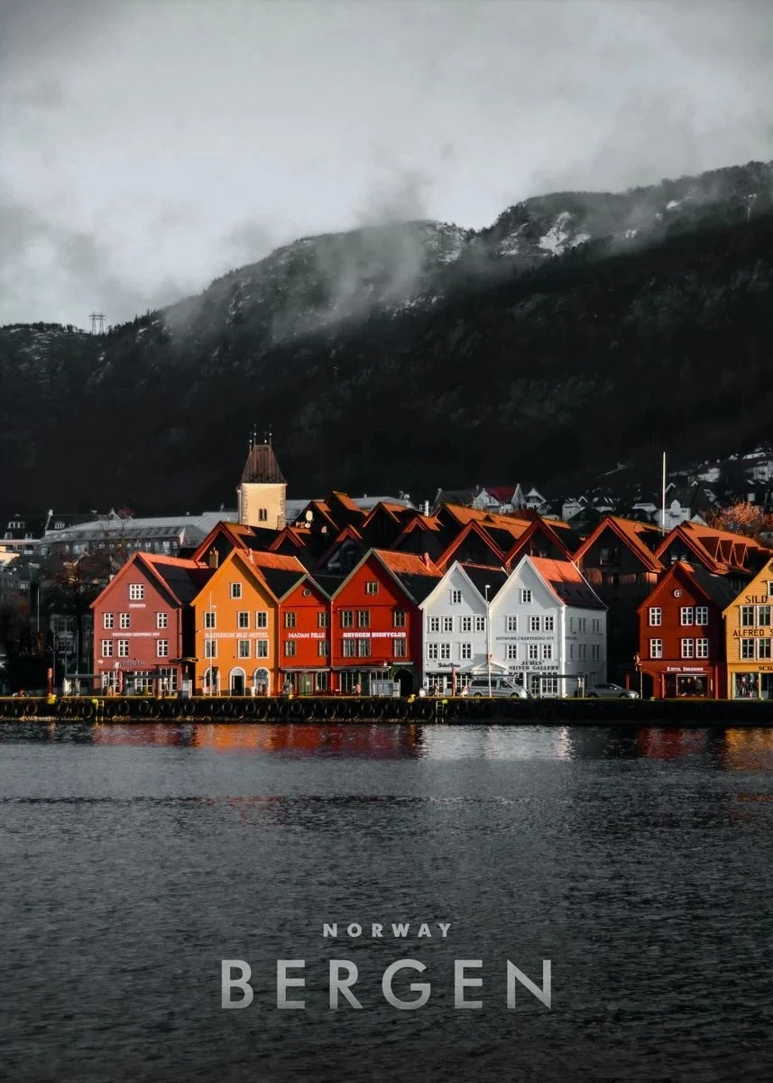 Bryggen Waterfront Poster | Bergen Norway Seaside View | Colorful Architecture Art Print
