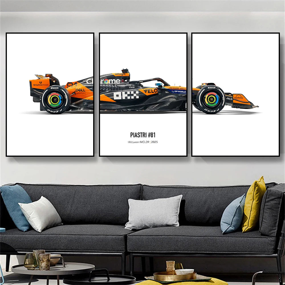 3-teilig | Oscar Piastri McLaren MCL39 Saison 2025 | Dreiteiliges Formel-1-Rennwagen-Poster | Lebendige Darstellung des gesamten Fahrzeugprofils | Kunstwerk in Sammleredition